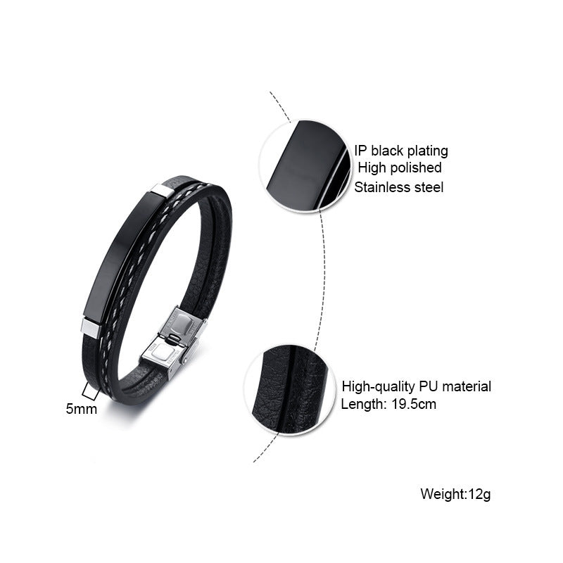 Geometric Stainless Steel PU Leather Buckle Bracelet - Black Men's Braided Design