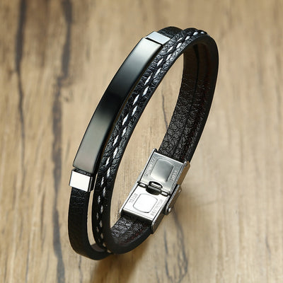 Geometric Stainless Steel PU Leather Buckle Bracelet - Black Men's Braided Design