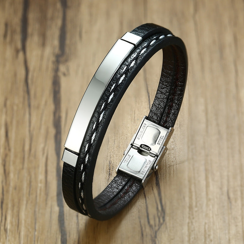 Geometric Stainless Steel PU Leather Buckle Bracelet - Black Men's Braided Design