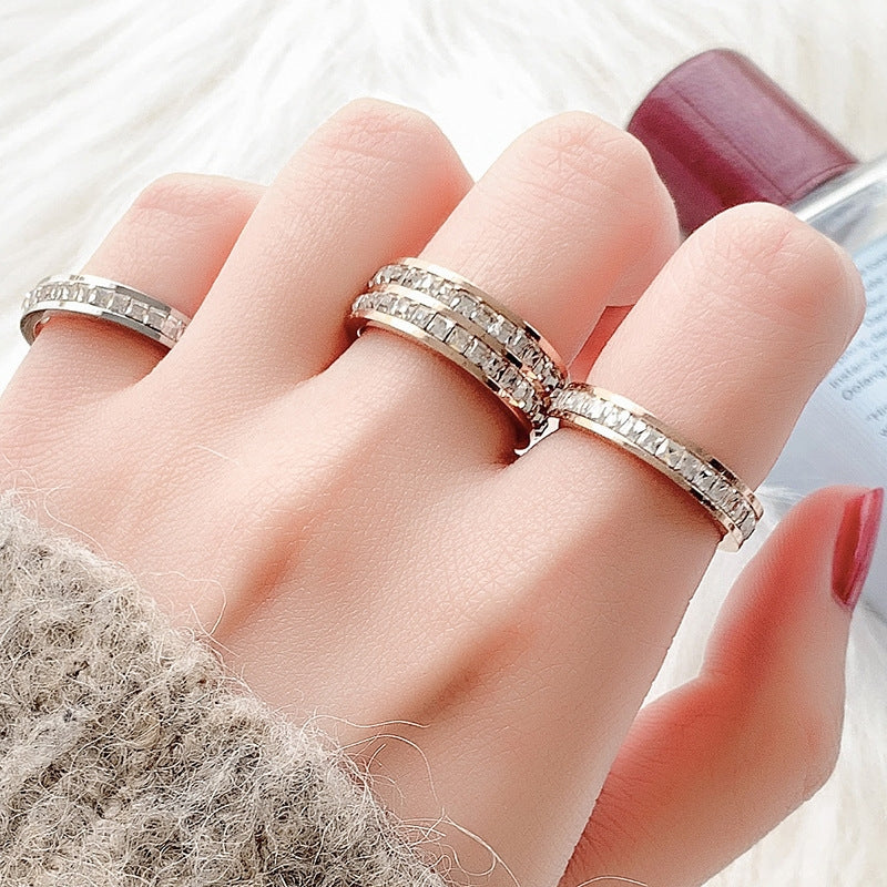 Fashion Geometric Titanium Steel Rhinestone Rose Gold Rings for Women