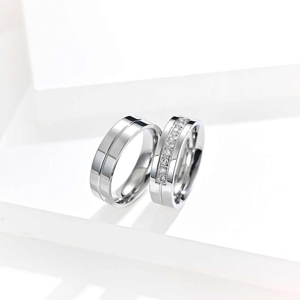 Geometric Zircon Titanium Steel Couple Rings - Minimalist Polished Stainless Steel Wedding Bands