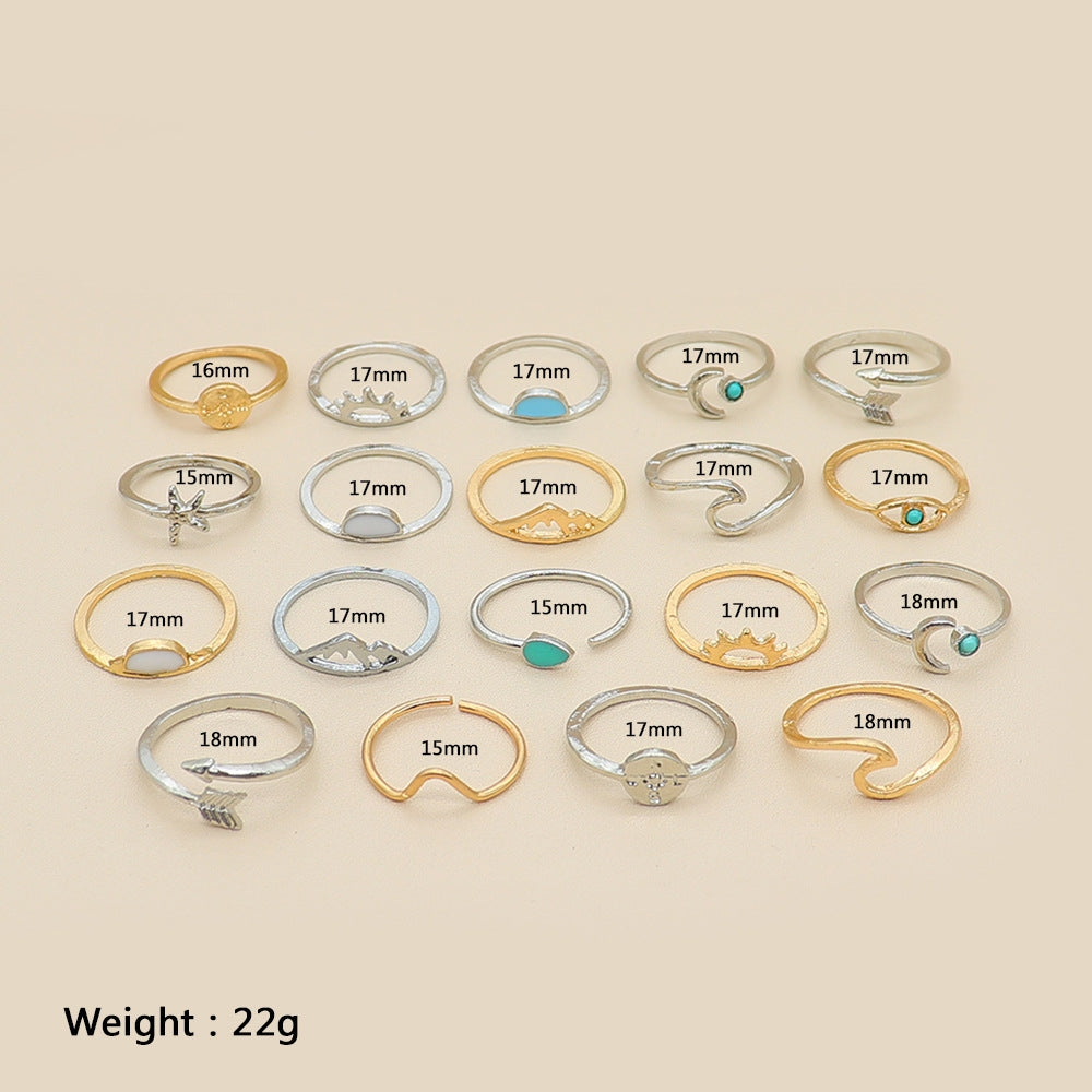 Fashion Gold and Silver Turquoise Sun and Starfish Knuckle Ring Set - 19 Pieces