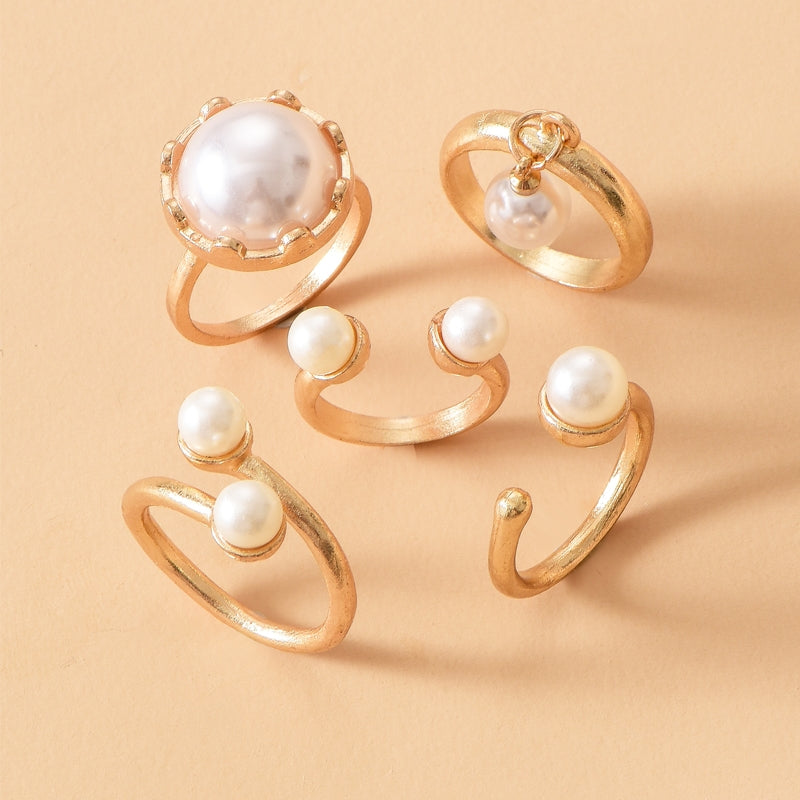 Gold-Plated Geometric Pearl Ring Set for Women