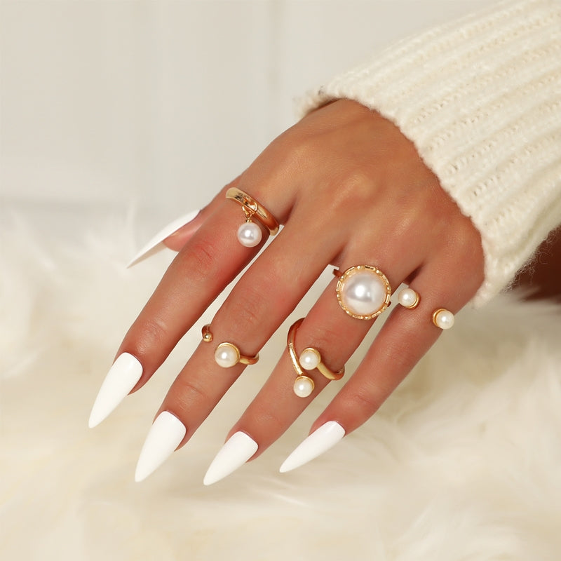 Gold-Plated Geometric Pearl Ring Set for Women