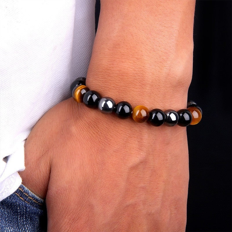 Gradient Color Agate and Tiger Eye Beaded Bracelet with Hematite Accents