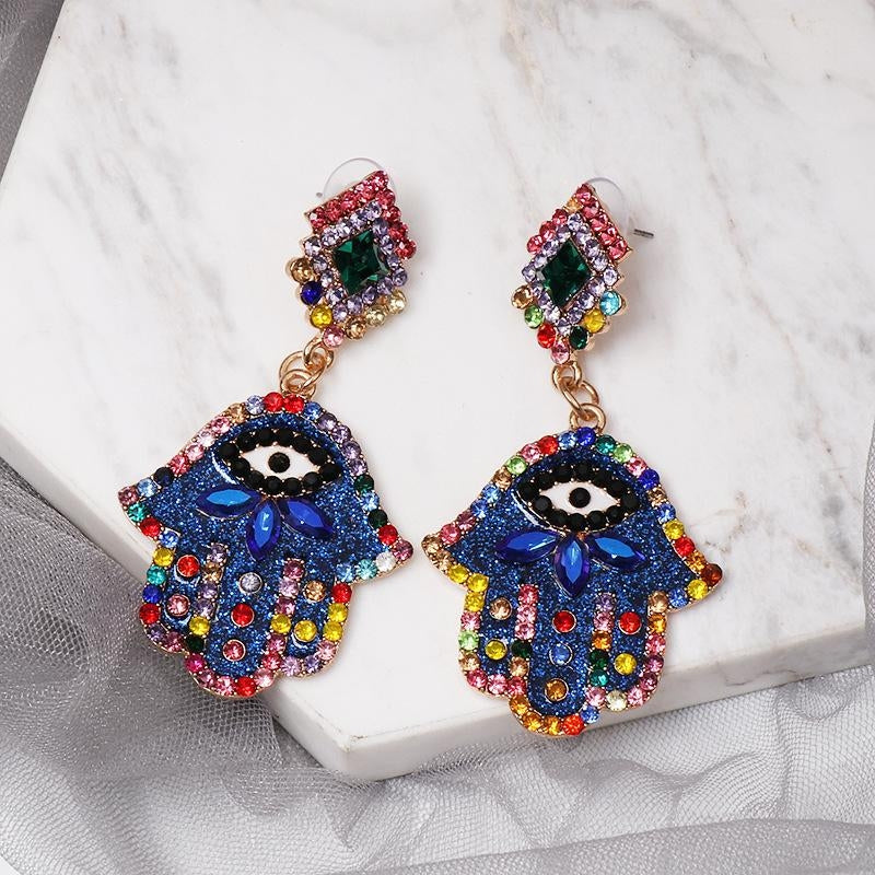 Hand Shaped Alloy Earrings with Enamel Eye Design