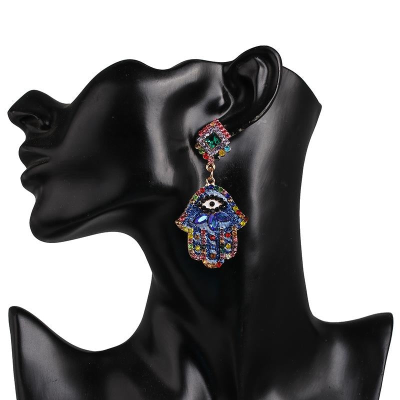 Hand Shaped Alloy Earrings with Enamel Eye Design