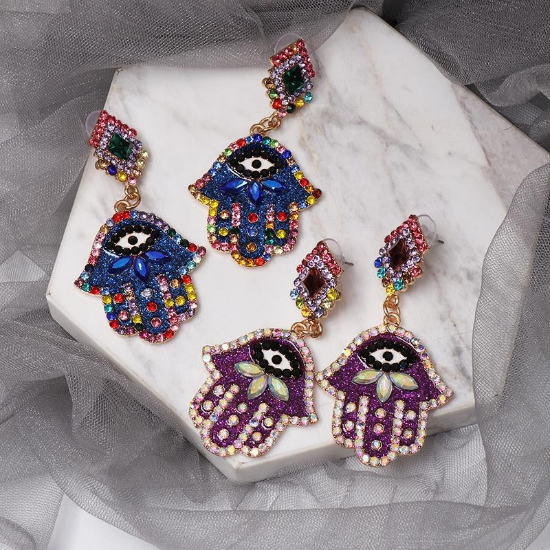 Hand Shaped Alloy Earrings with Enamel Eye Design