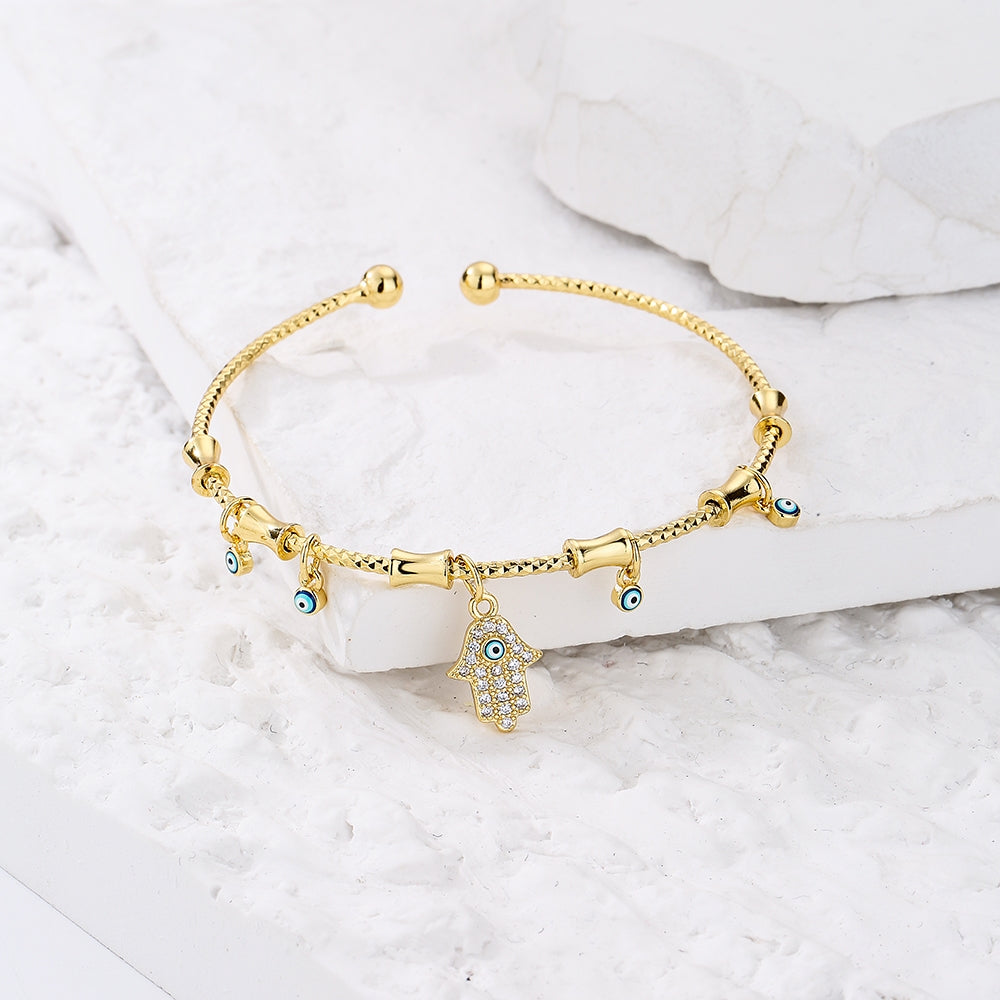 Hamsa Evil Eye Gold Plated Zircon Adjustable Copper Bangle Bracelet for Women