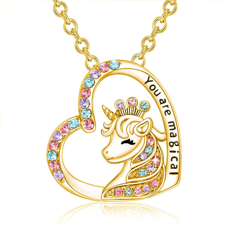 Heart Shape Rhinestone Jewelry Set with Unicorn Pendant Necklace