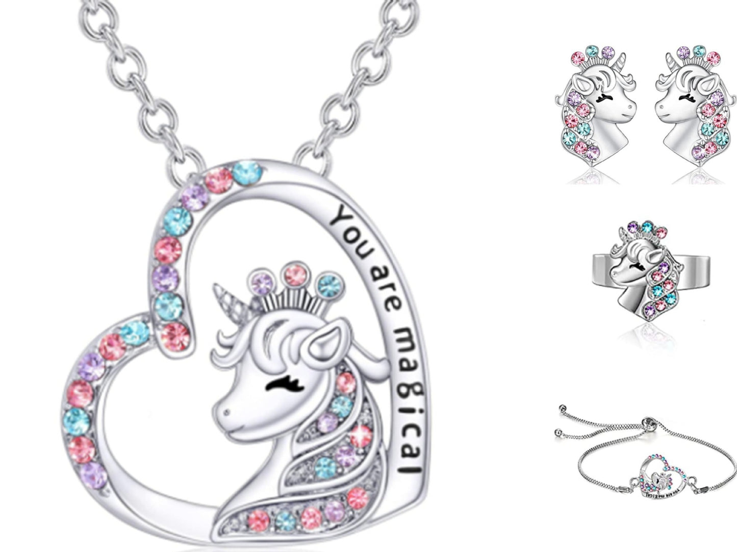 Heart Shape Rhinestone Jewelry Set with Unicorn Pendant Necklace