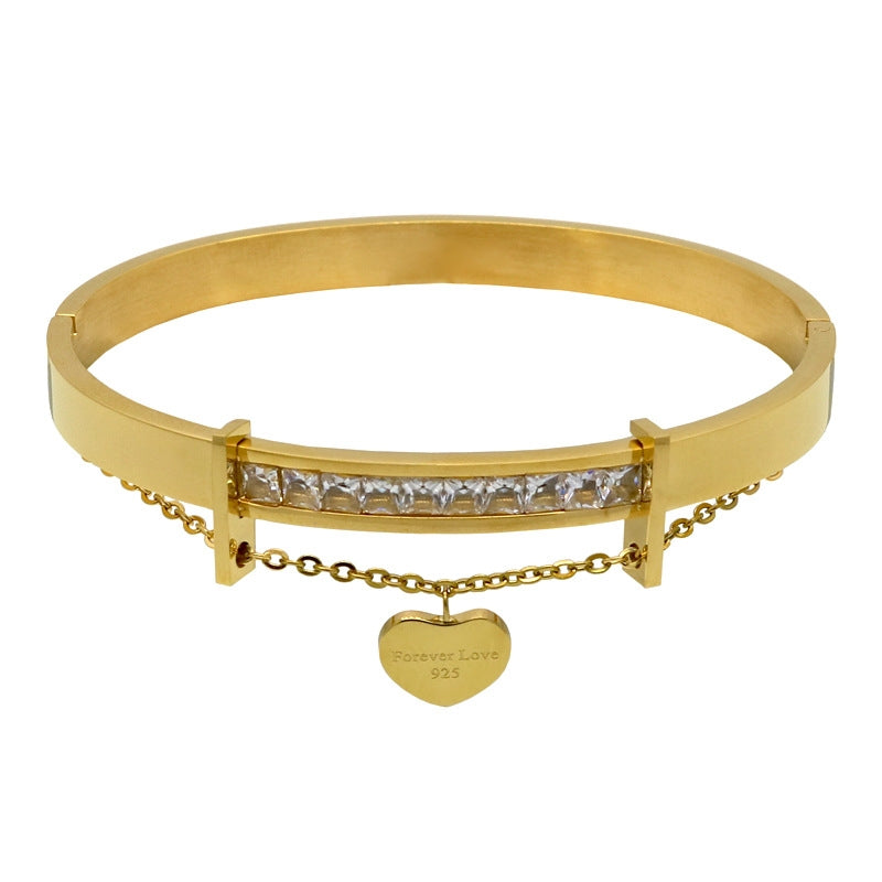 18K Gold Plated Heart Rhinestone Bangle and Diamond Inlaid Bracelet Set