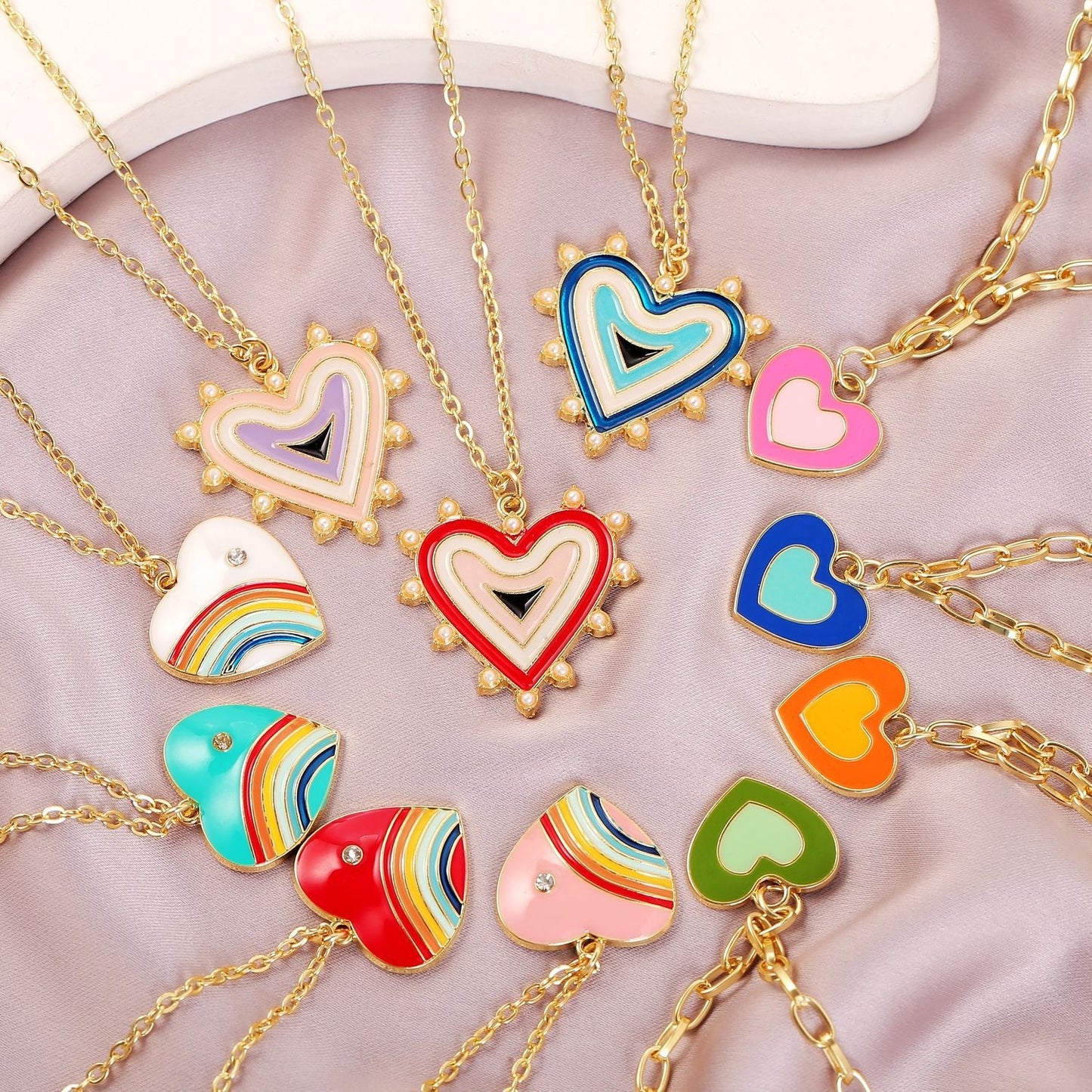 Fashion Rainbow Heart Alloy Enamel Pendant Necklace for Women