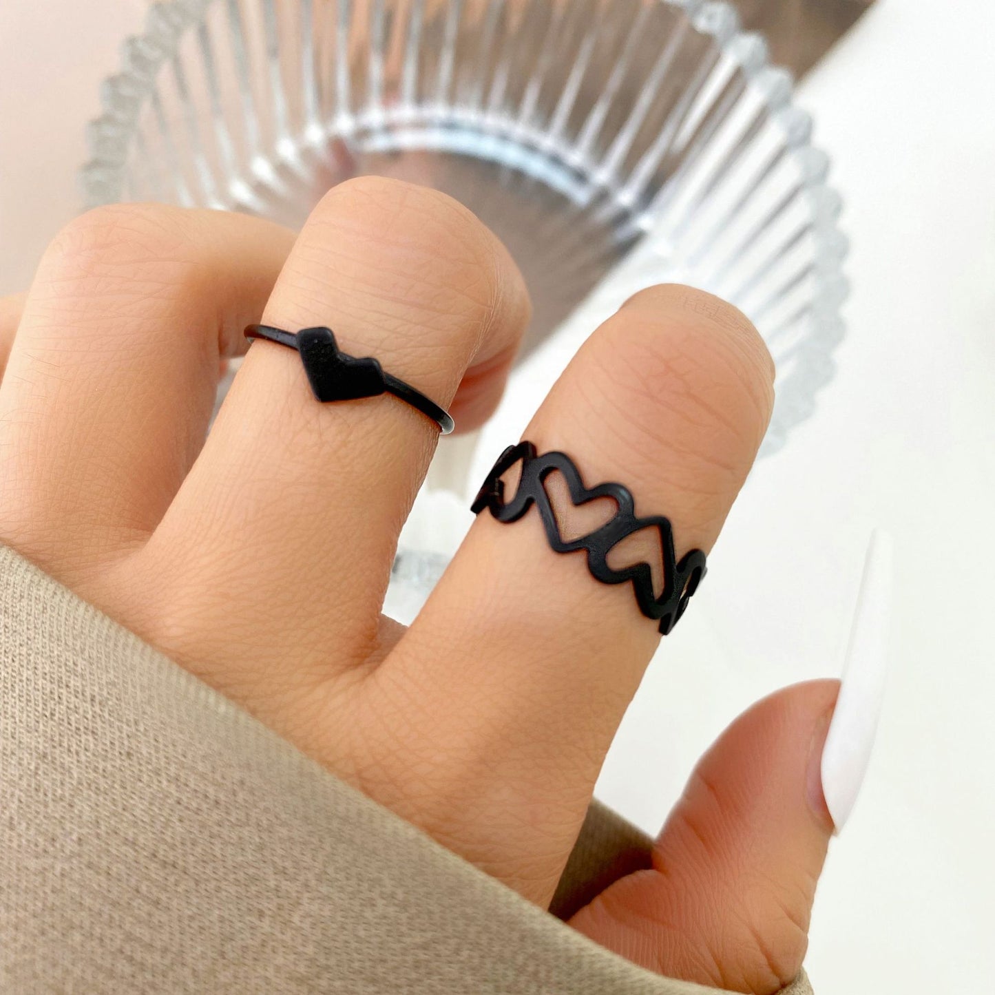 Heart Shape Hollow Out Women's Open Ring Set - Minimalist Creative Design