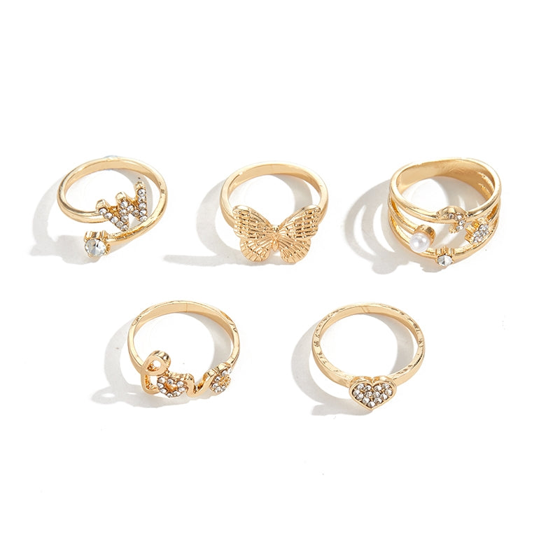 Fashion Heart & Butterfly Alloy Rings with Artificial Pearls and Rhinestones - 9 Piece Gold Plated Stackable Set for Women