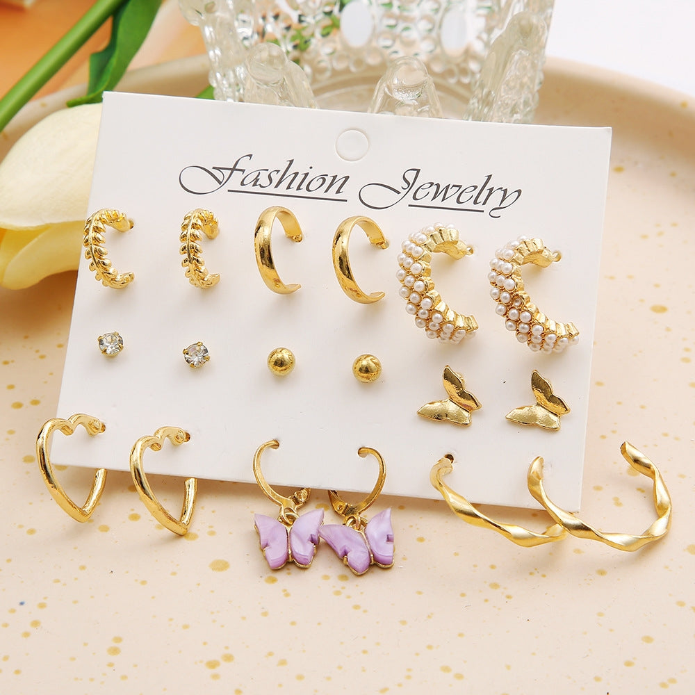 Fashion Heart & Butterfly Pearl Rhinestone Women's Earring Set - 9 Pieces