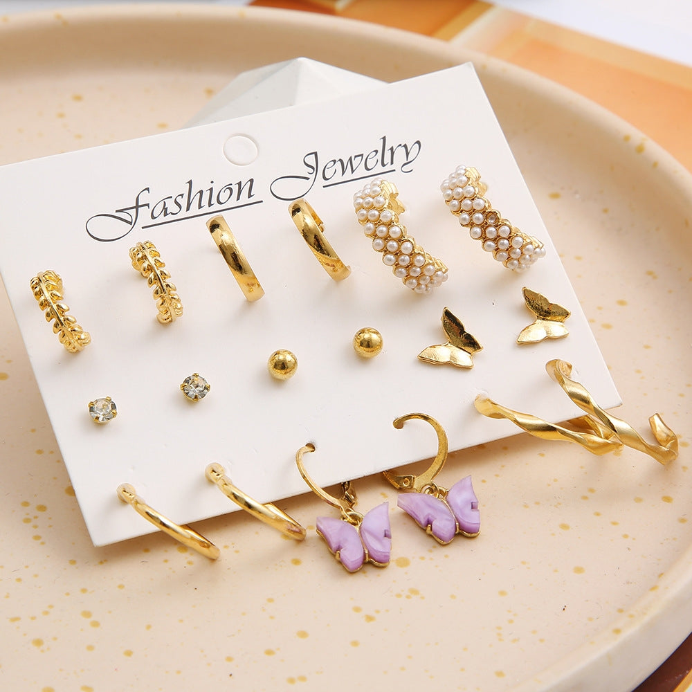 Fashion Heart & Butterfly Pearl Rhinestone Women's Earring Set - 9 Pieces