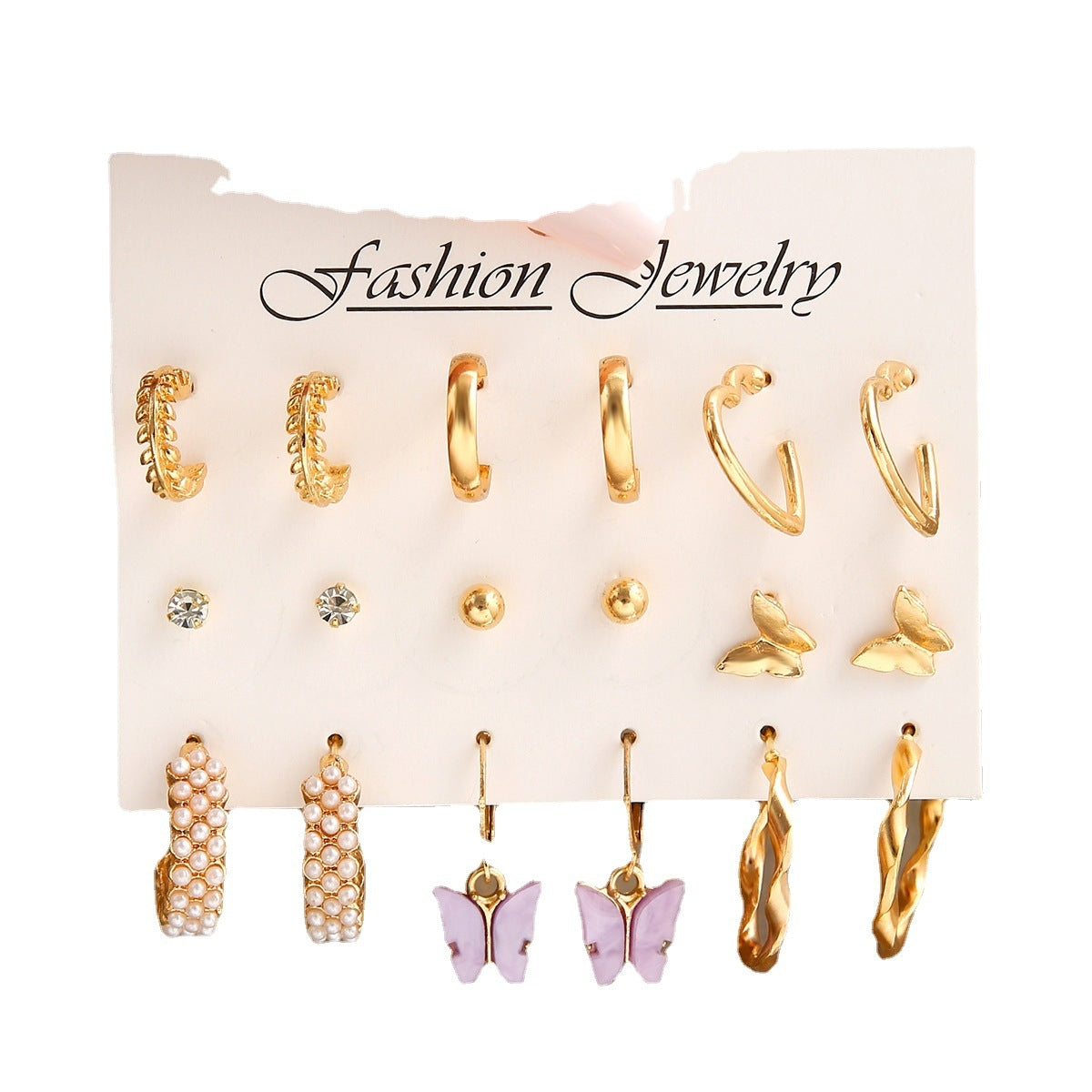 Fashion Heart & Butterfly Pearl Rhinestone Women's Earring Set - 9 Pieces