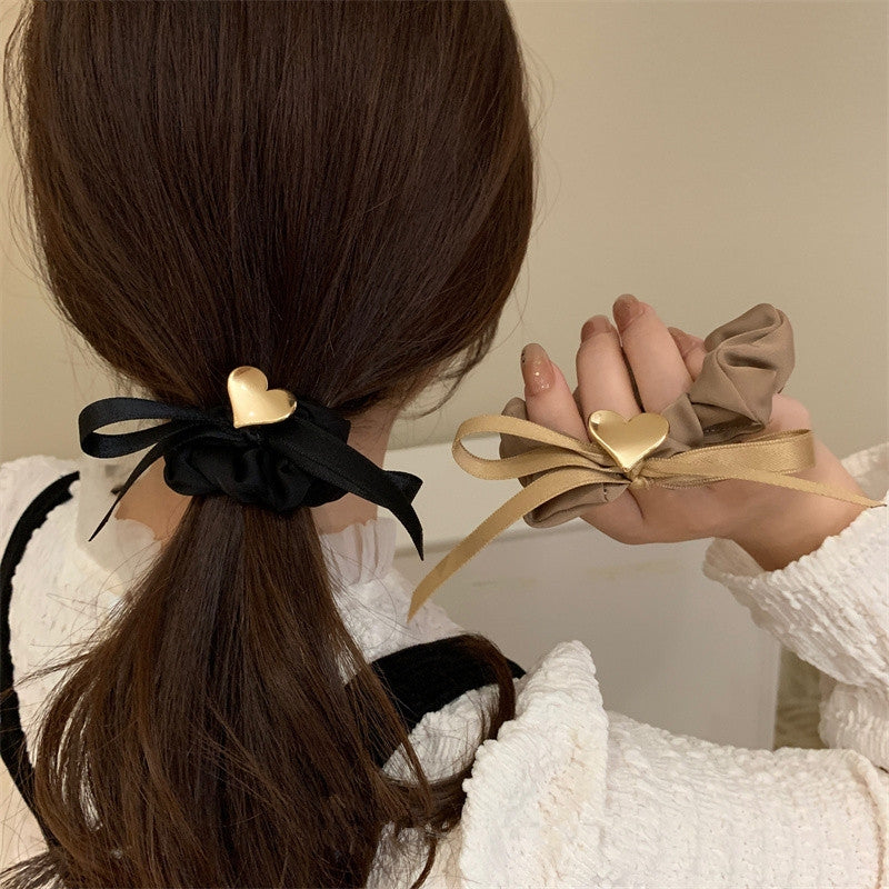 Heart Shape Metal Love Hair Tie with Streamer Bow and Leather Band