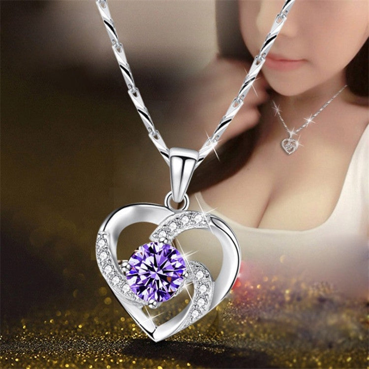 Fashion Heart Shape Crystal Pendant Necklace with Sapphire and Rhinestones in 925 Silver Plating