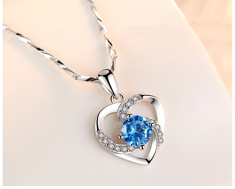 Fashion Heart Shape Crystal Pendant Necklace with Sapphire and Rhinestones in 925 Silver Plating