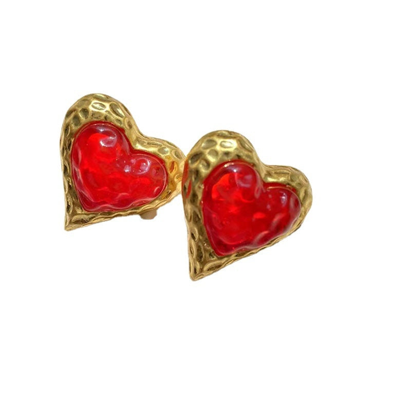 Gold Plated Heart Shape Glass Gemstone Stud Earrings with S925 Silver Needle