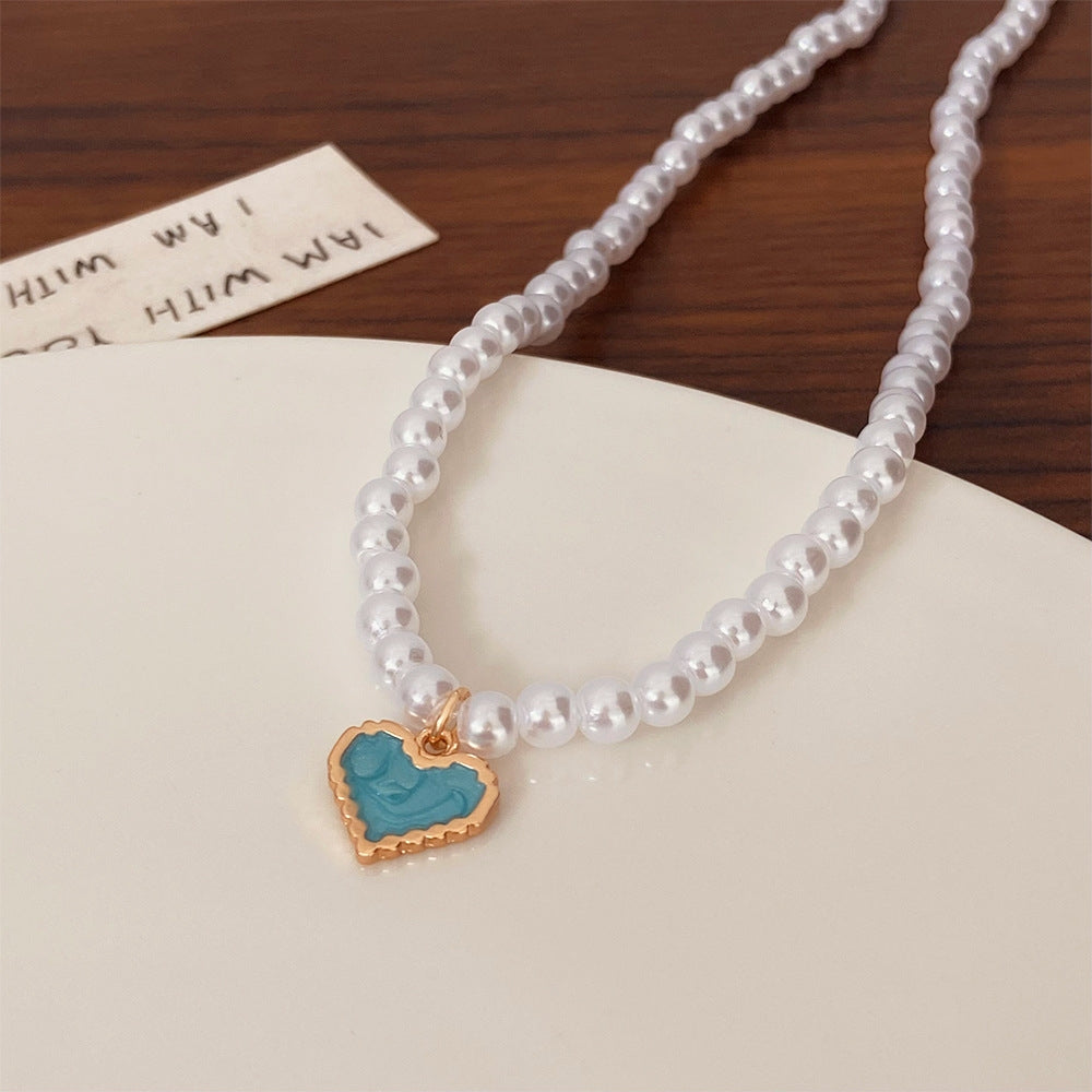 Heart Shape Pearl Enamel Pendant Necklace - Minimalist Design Choker