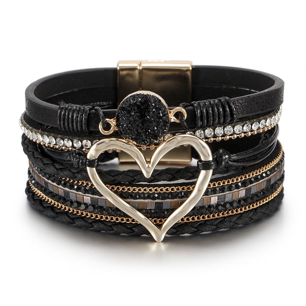 Bohemian Heart Shape Multi-Layer Braided Leather Bracelet with Magnetic Clasp