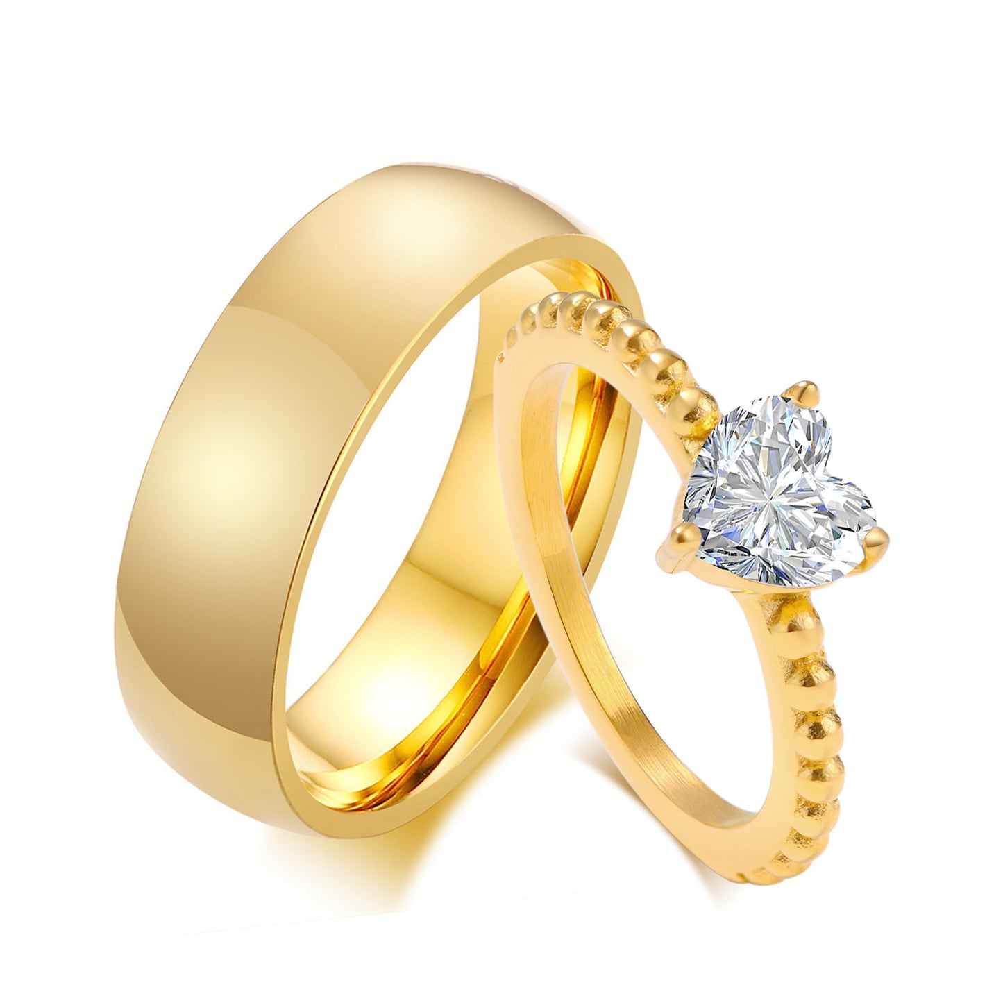 Fashion Heart Shape Gold Titanium Steel Zircon Couple Rings