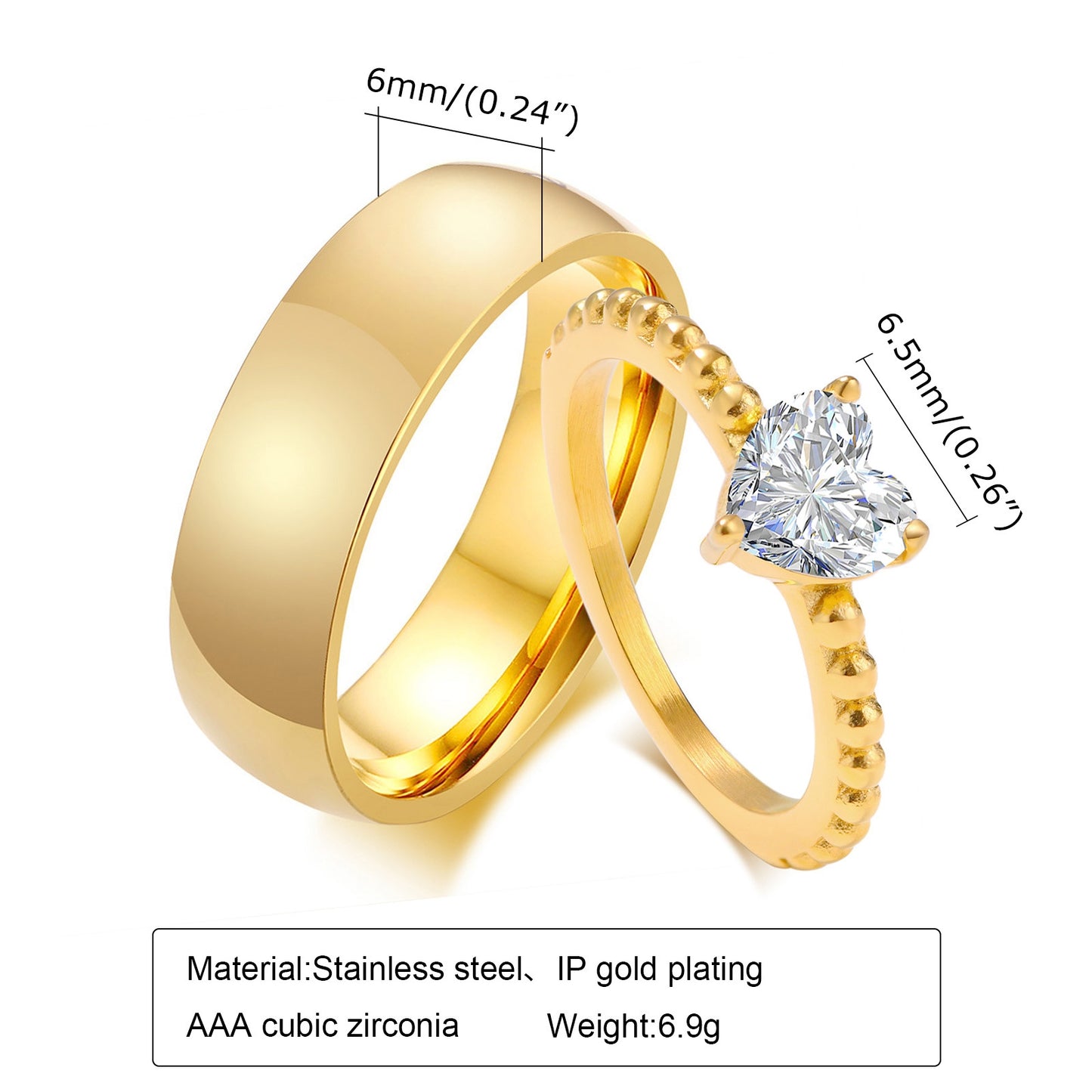 Fashion Heart Shape Gold Titanium Steel Zircon Couple Rings