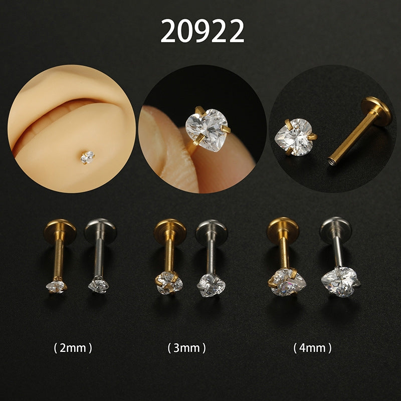 Heart Shape Stainless Steel Lip Stud with Zircon Piercing Rings