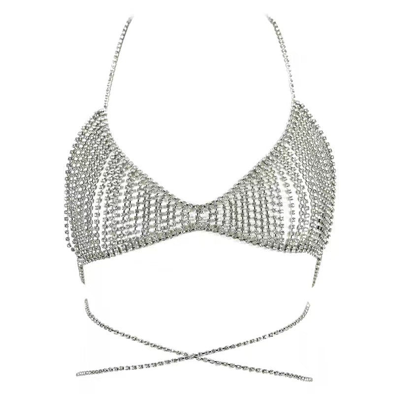 Fashion Hollow Fishnet Rhinestone Body Chain Bra