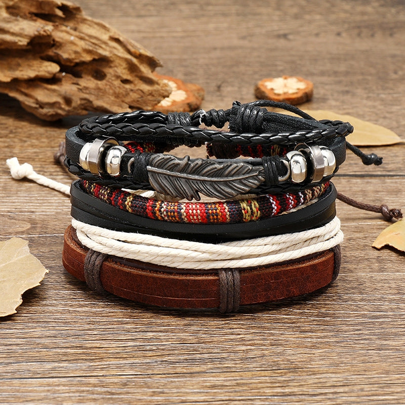 Hand-Woven Retro Cowhide Bohemian Bracelet Set