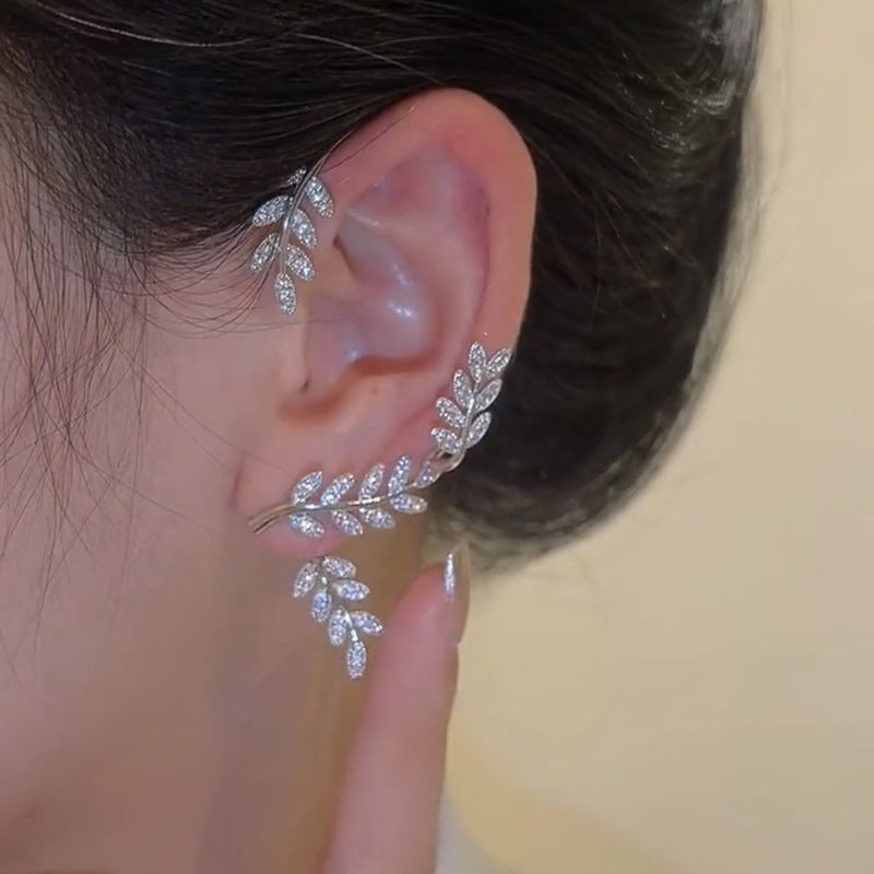 Fashion Leaf Alloy Plated Gemstone Ear Clips with Detachable S925 Silver Needle Zircon Leaf Earrings