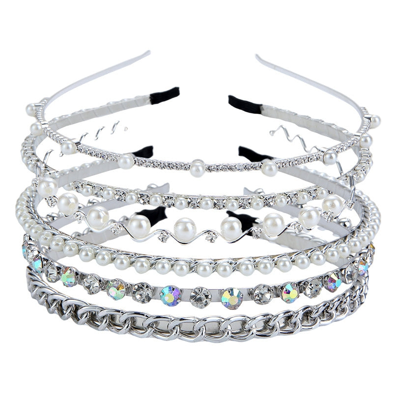 Fashion Leaf Plaid Pearl Rhinestone Metal Hairband