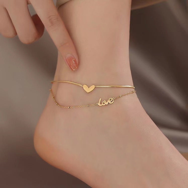 Fashion Double Layer Heart Coin Stainless Steel Women's Anklet