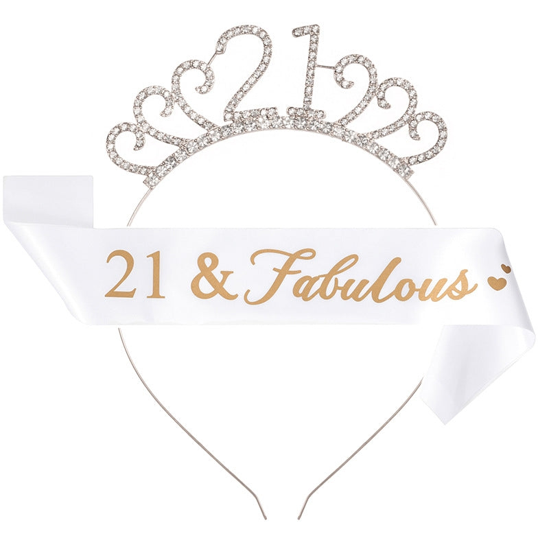 Fashion Rhinestone Number Crown Hairband and Sash Set for Birthday Party