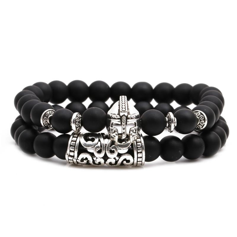 Lion Head & Owl Beaded Bracelet Set with Matte Black Onyx and Curved Tube Design