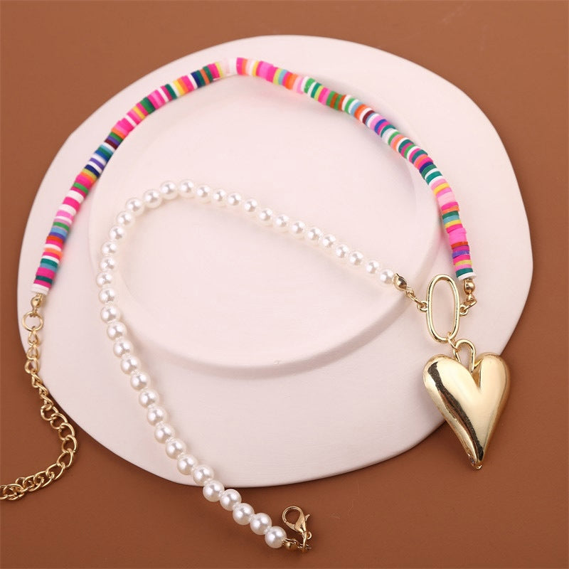 Fashion Asymmetrical Soft Clay Heart Necklace - Bohemian Style Pendant Jewelry