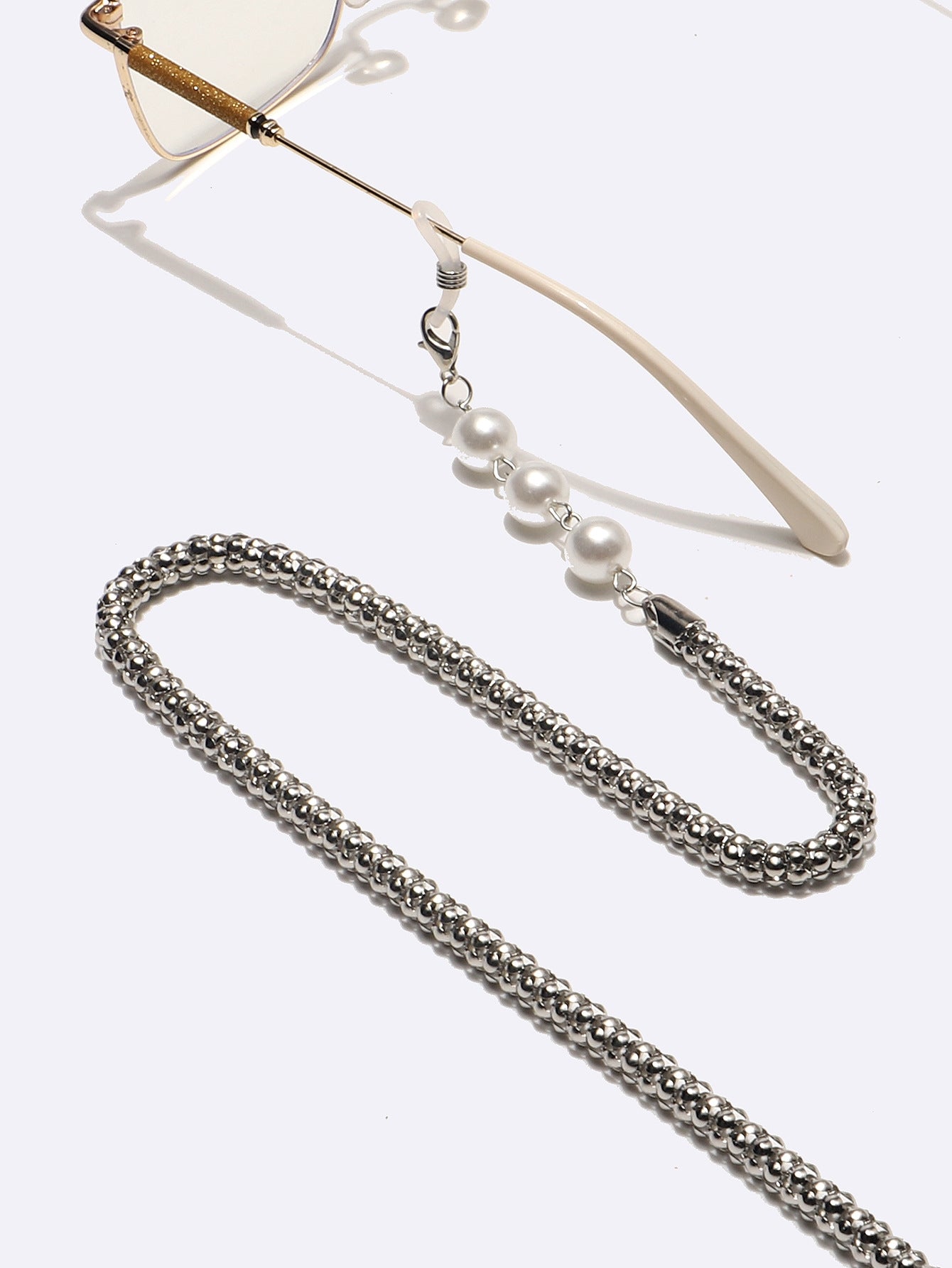 Fashion Metal Glasses and Mask Chain with Simple Pearl Alloy in Silver