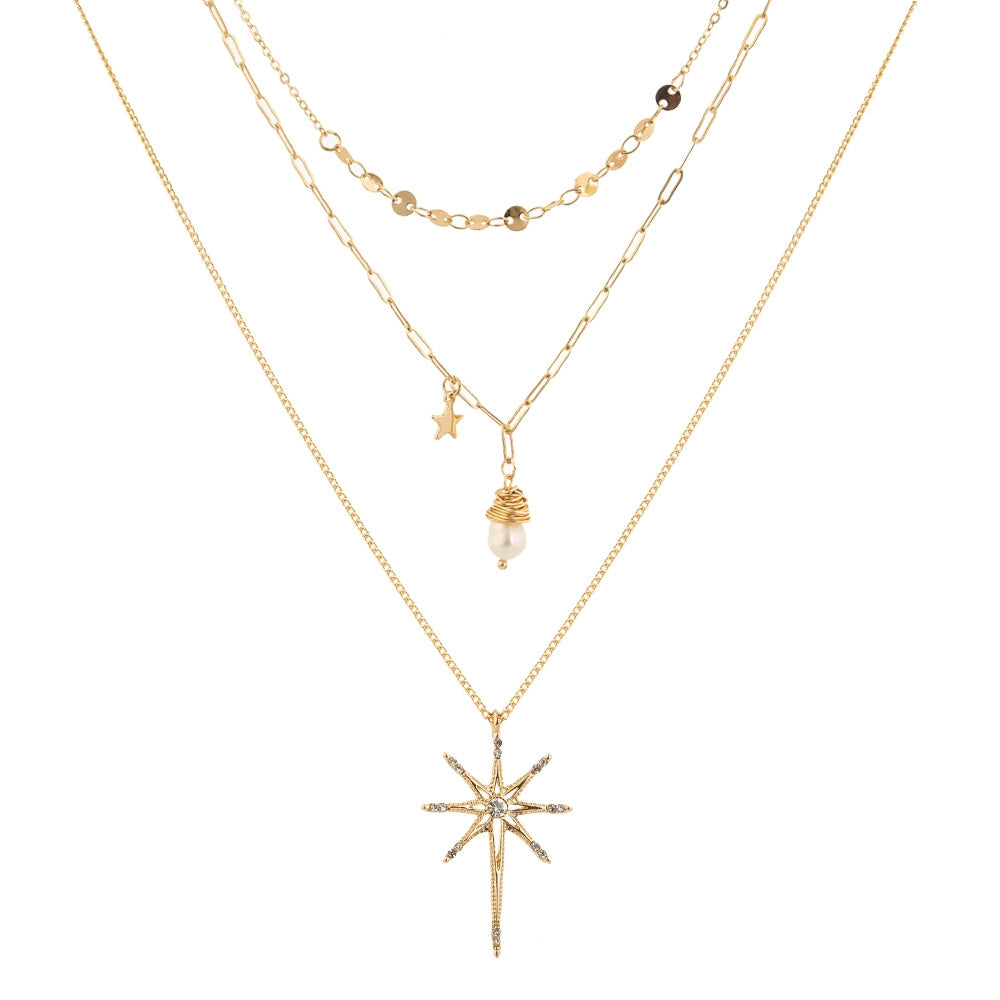 Fashion Micro-studded Skylight Star Pendant & Natural Freshwater Pearl Sunflower Multi-layer Necklace