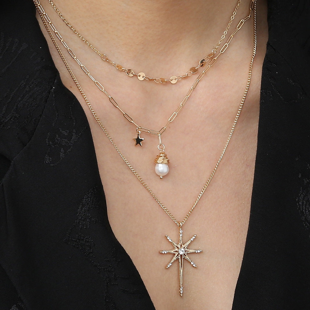 Fashion Micro-studded Skylight Star Pendant & Natural Freshwater Pearl Sunflower Multi-layer Necklace