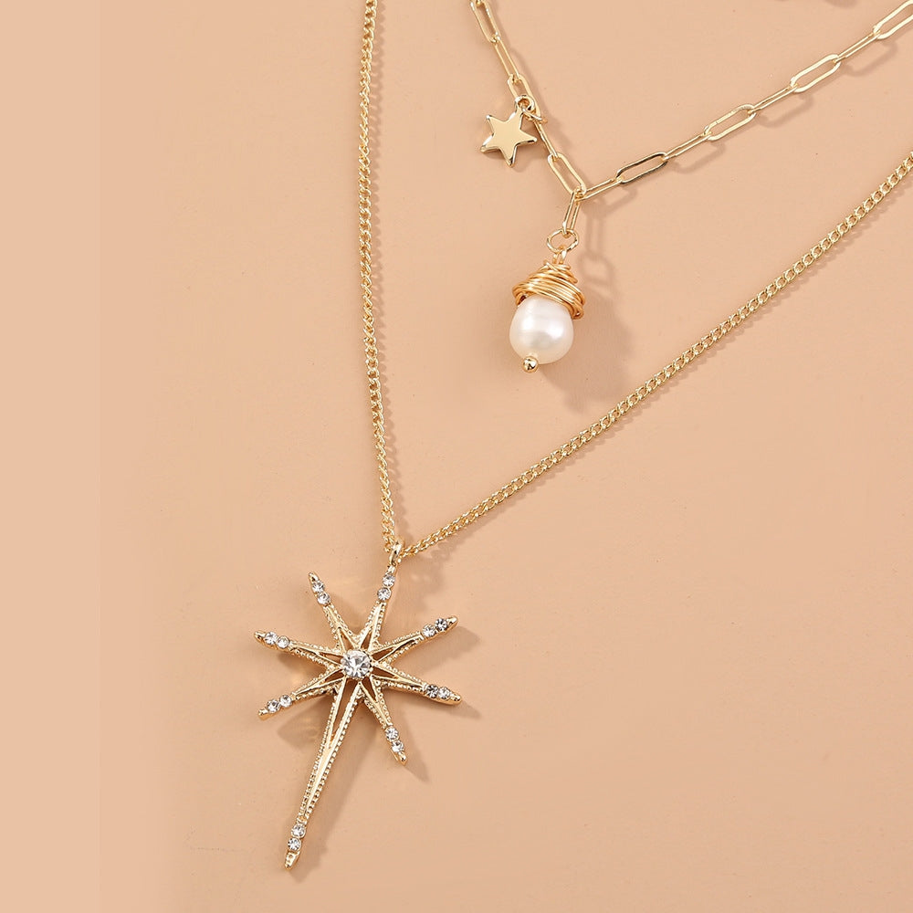 Fashion Micro-studded Skylight Star Pendant & Natural Freshwater Pearl Sunflower Multi-layer Necklace