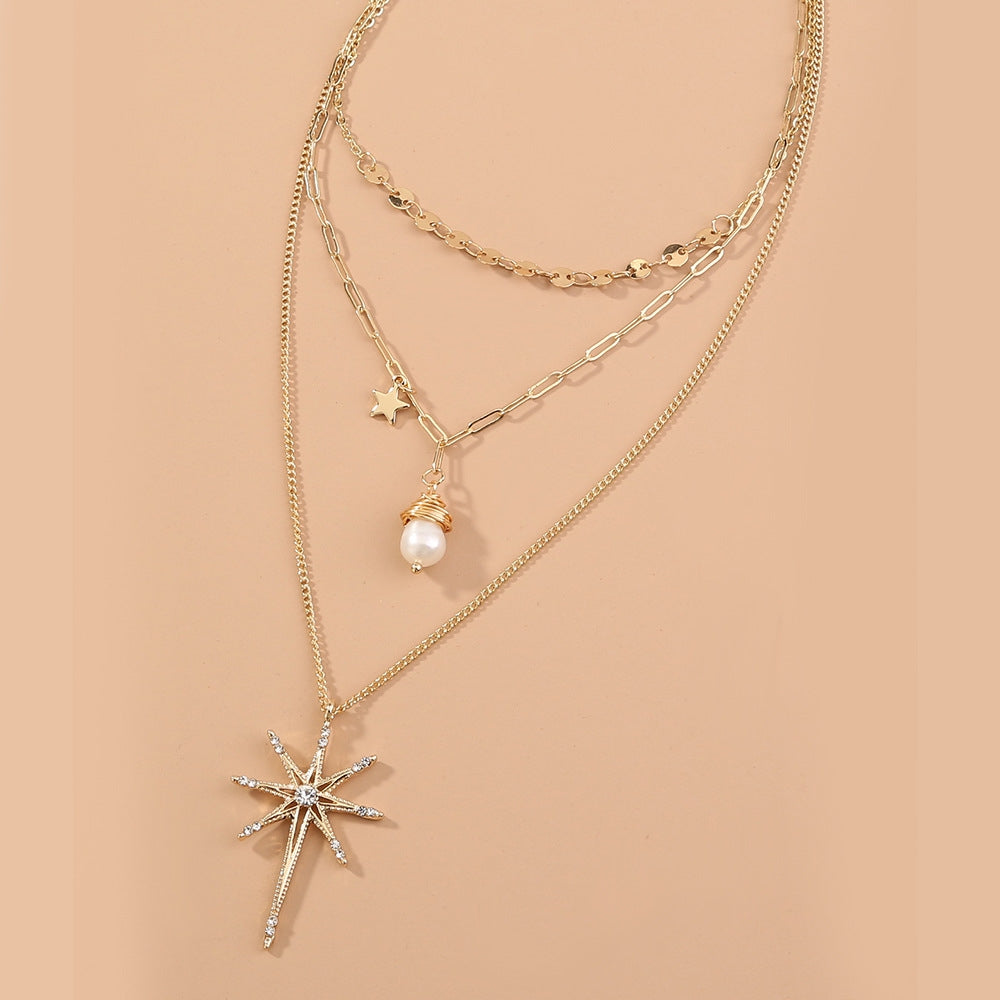 Fashion Micro-studded Skylight Star Pendant & Natural Freshwater Pearl Sunflower Multi-layer Necklace