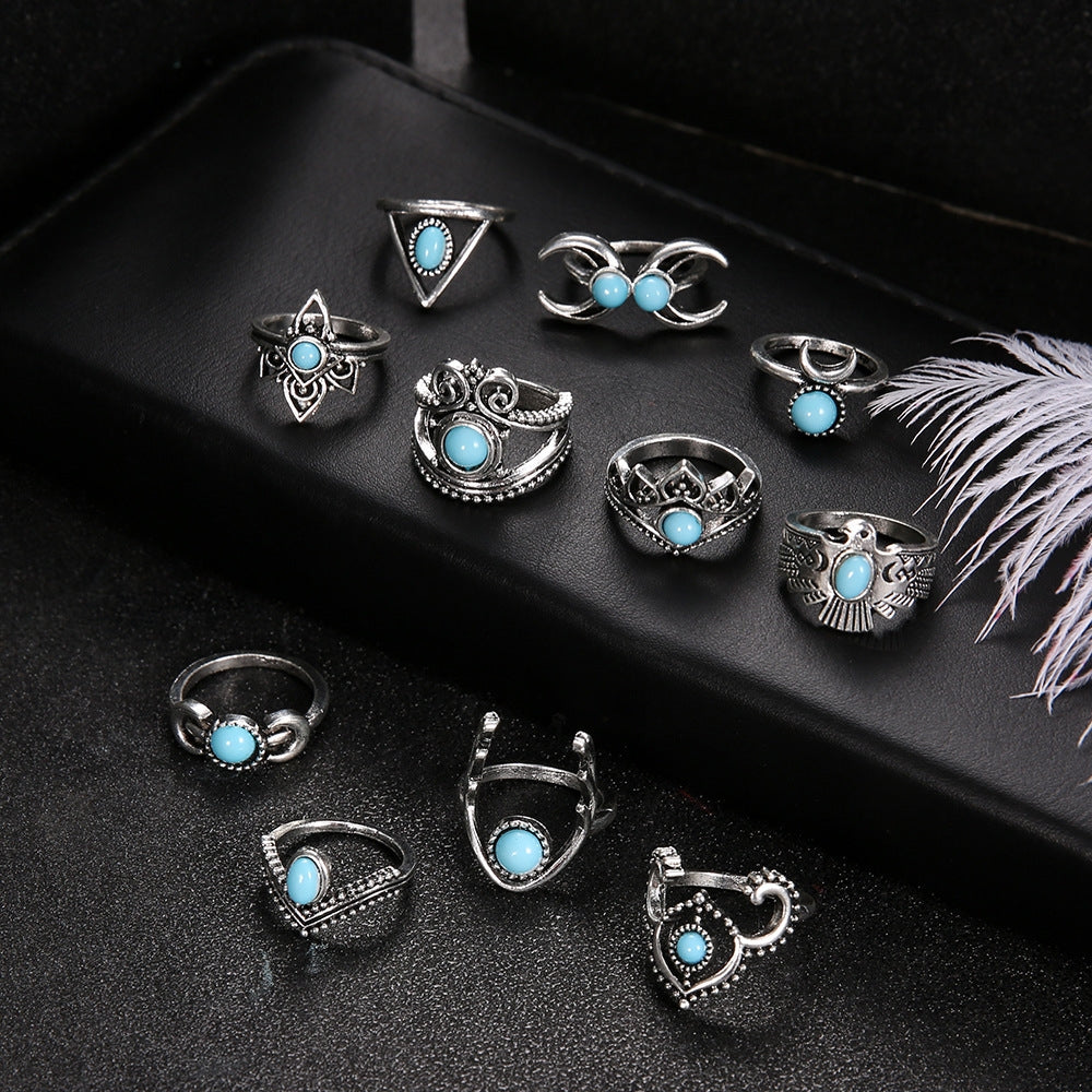 Fashion Moonstone Owl Ring Set - 11 Piece Alloy Jewelry Collection for Women