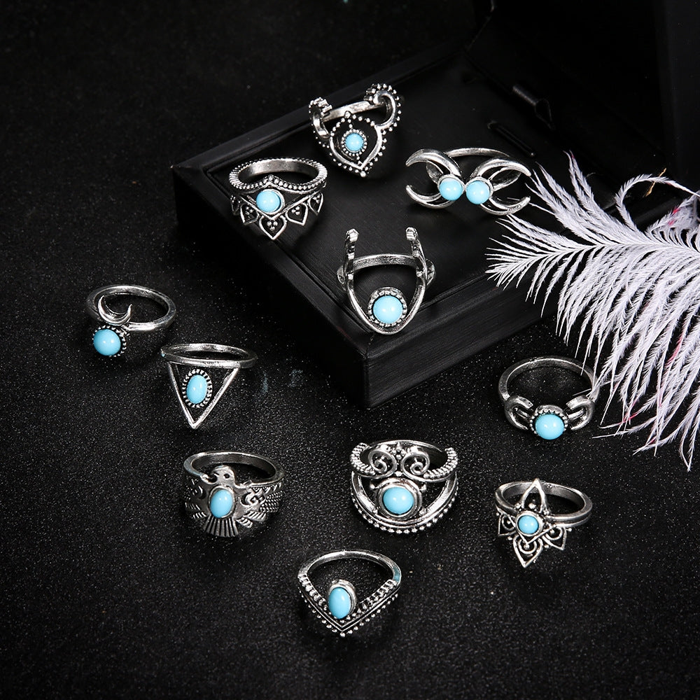 Fashion Moonstone Owl Ring Set - 11 Piece Alloy Jewelry Collection for Women