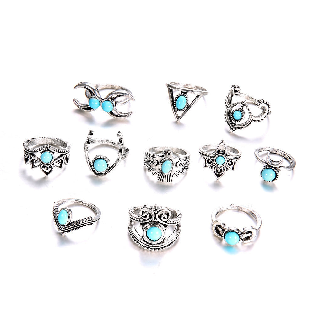 Fashion Moonstone Owl Ring Set - 11 Piece Alloy Jewelry Collection for Women