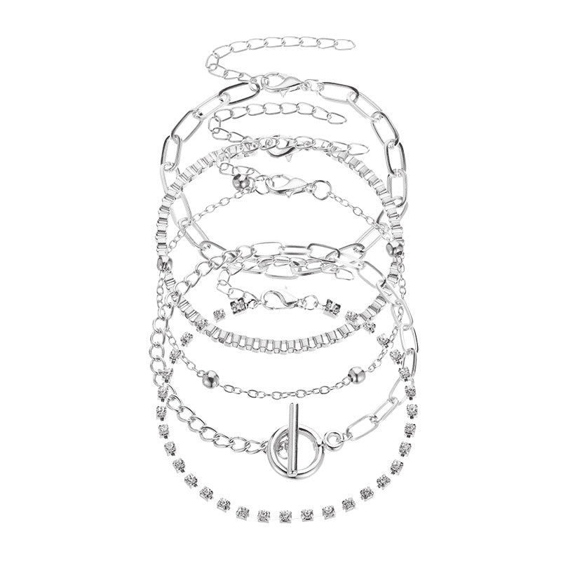 European and American Multi-layer Geometric Chain Bracelet Set with Diamond-studded OT Clasp