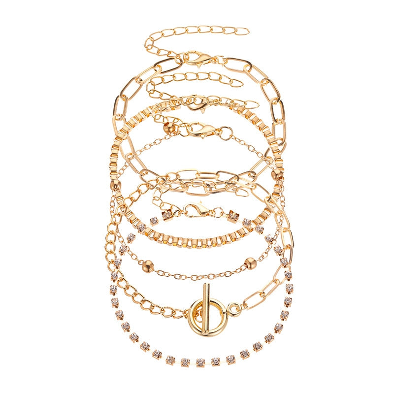 European and American Multi-layer Geometric Chain Bracelet Set with Diamond-studded OT Clasp