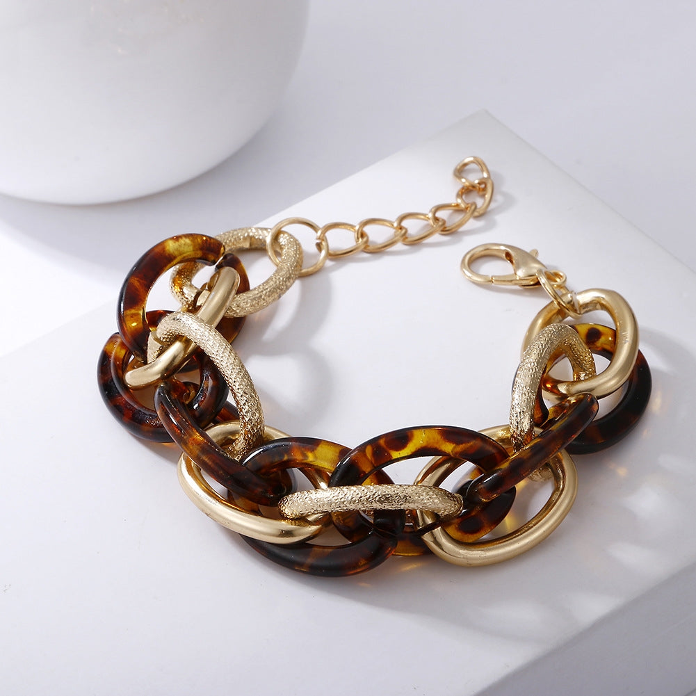 Multi-Layer Geometric Acrylic and Metal Chain Bracelet - Retro Leopard Design